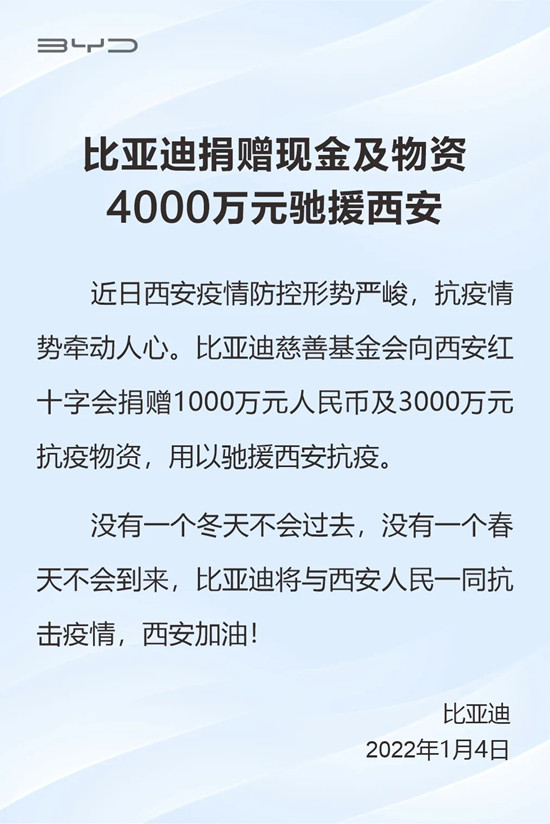 比亞迪捐贈現金及物資4000萬元馳援西安(圖1)